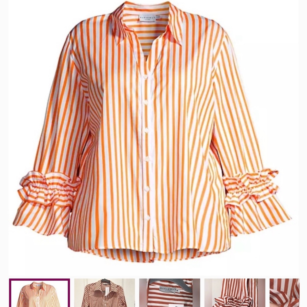 Orange and White Striped Ruffled Bell Sleeve Blouse